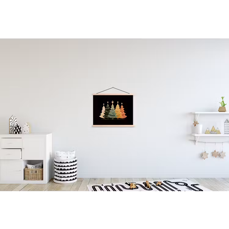 Kerstbomen - Kleurrijk - Lichtjes - Ster textielposter latten blank klein -kinderkamer
