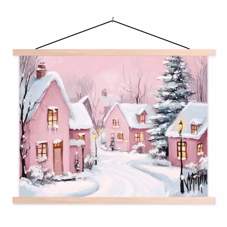 Kerstdorp - Roze - Winter - Sneeuw - Huizen textielposter latten blank klein -3d