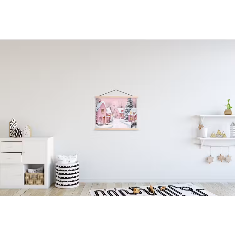 Kerstdorp - Roze - Winter - Sneeuw - Huizen textielposter latten blank klein -kinderkamer
