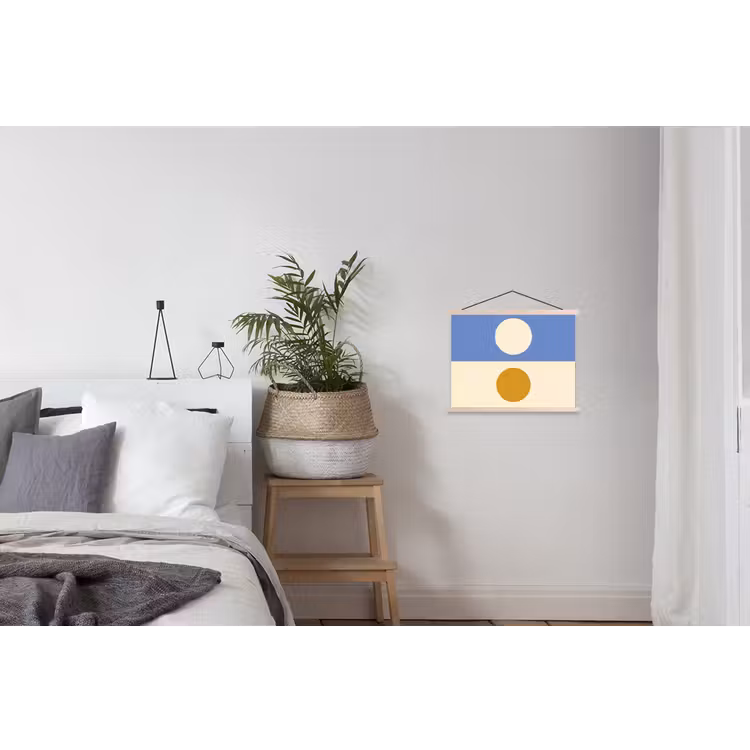 Cirkels - Symmetrisch - Wit - Blauw- Geel textielposter latten blank klein -woonkamer