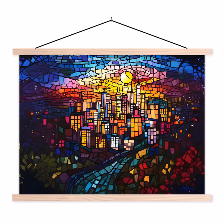 Stad - Maan - Mozaïek - Kleurrijk textielposter latten blank klein -3d
