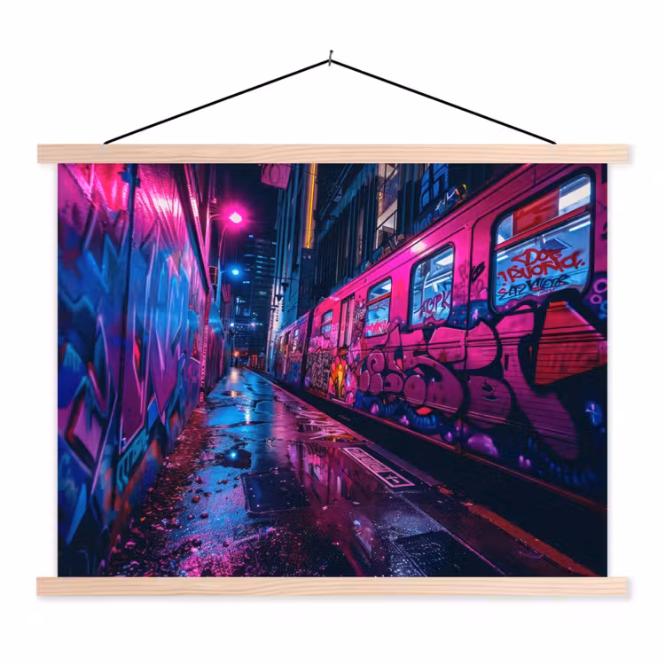 Stad - Neon - Nacht - Roze - Graffiti textielposter latten blank klein -3d