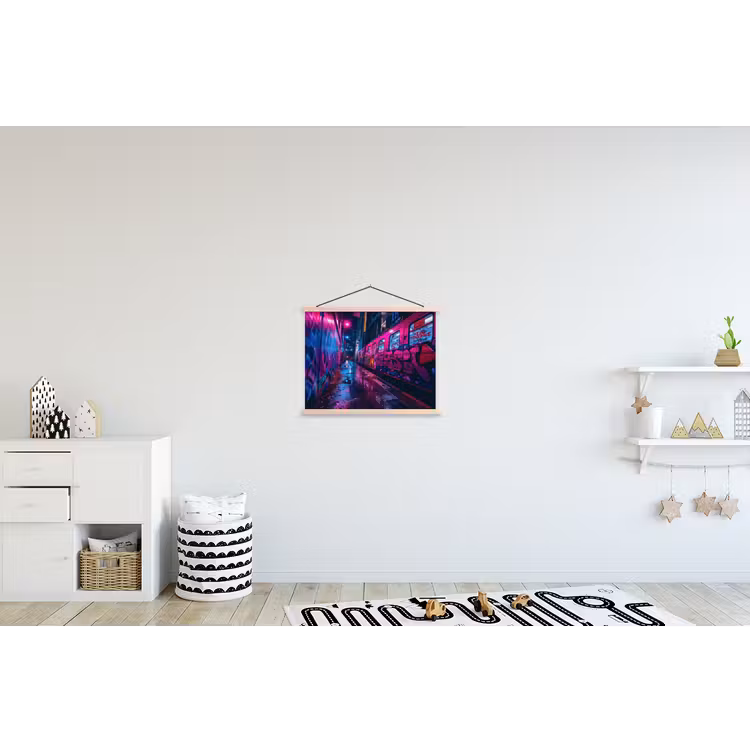 Stad - Neon - Nacht - Roze - Graffiti textielposter latten blank klein -kinderkamer
