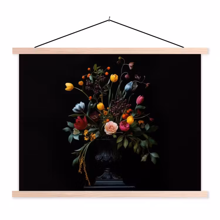 Klassiek - Vaas - Boeket - Bloemen textielposter latten blank klein -3d