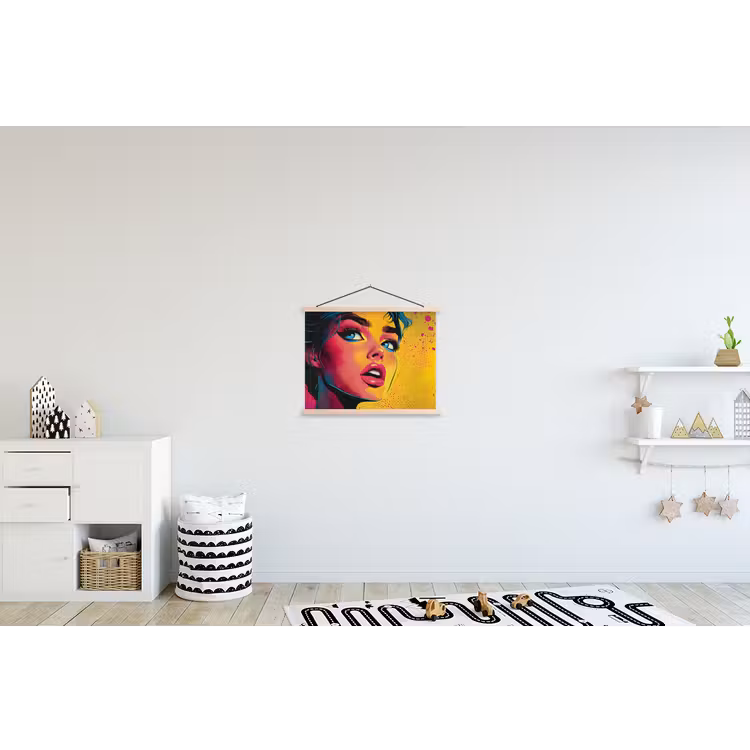 Close-up - Vrouwengezicht - Stippen - Geel textielposter latten blank klein -kinderkamer