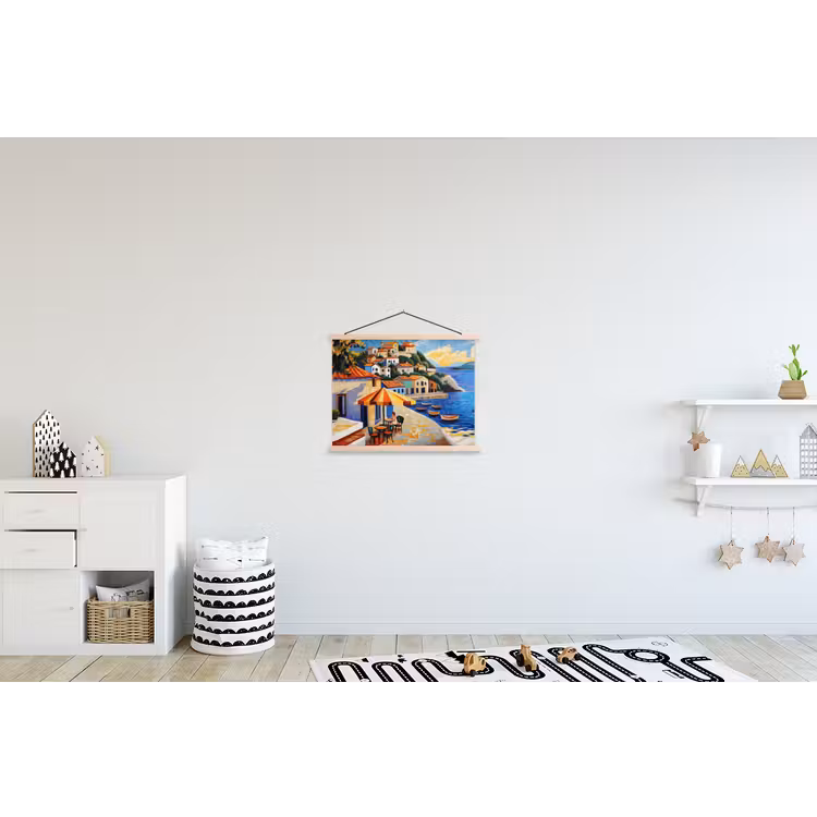 Kustdorp - Huisjes - Mozaïek - Zee textielposter latten blank klein -kinderkamer