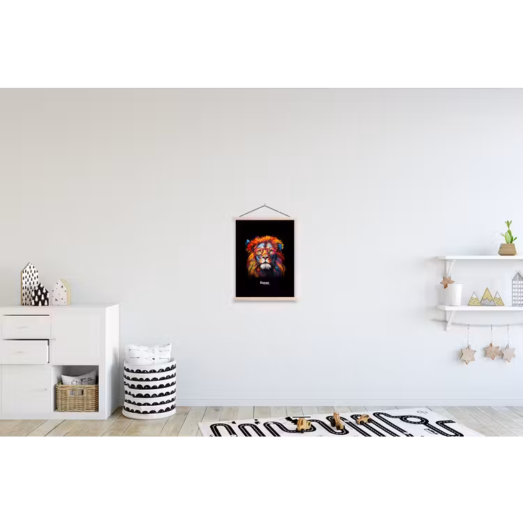 Kleurrijke leeuw in graffiti stijl textielposter latten blank klein -kinderkamer