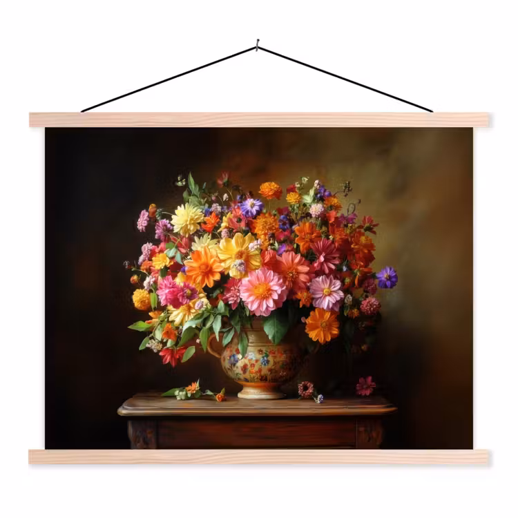 Kleuren - Boeket - Vaas - Hout textielposter latten blank klein -3d