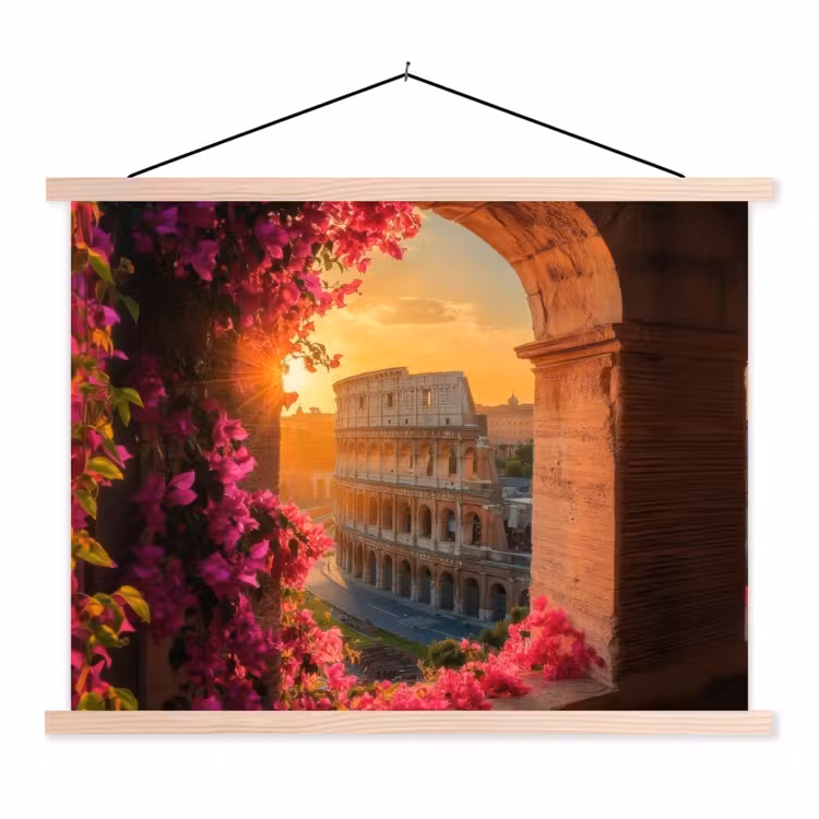 Colosseum - Rome - Roze Bloemen textielposter latten blank klein -3d