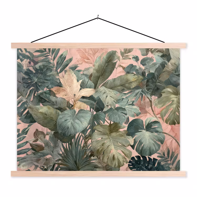 Compositie van bladeren - Groen - Roze textielposter latten blank klein -3d