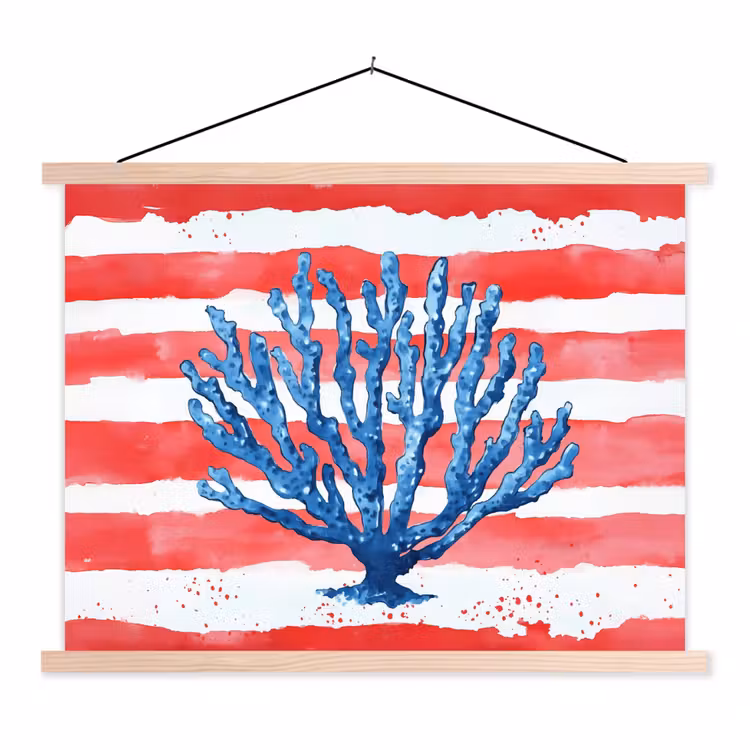 Koraal - Verfstructuur - Rood - Blauw textielposter latten blank klein -3d