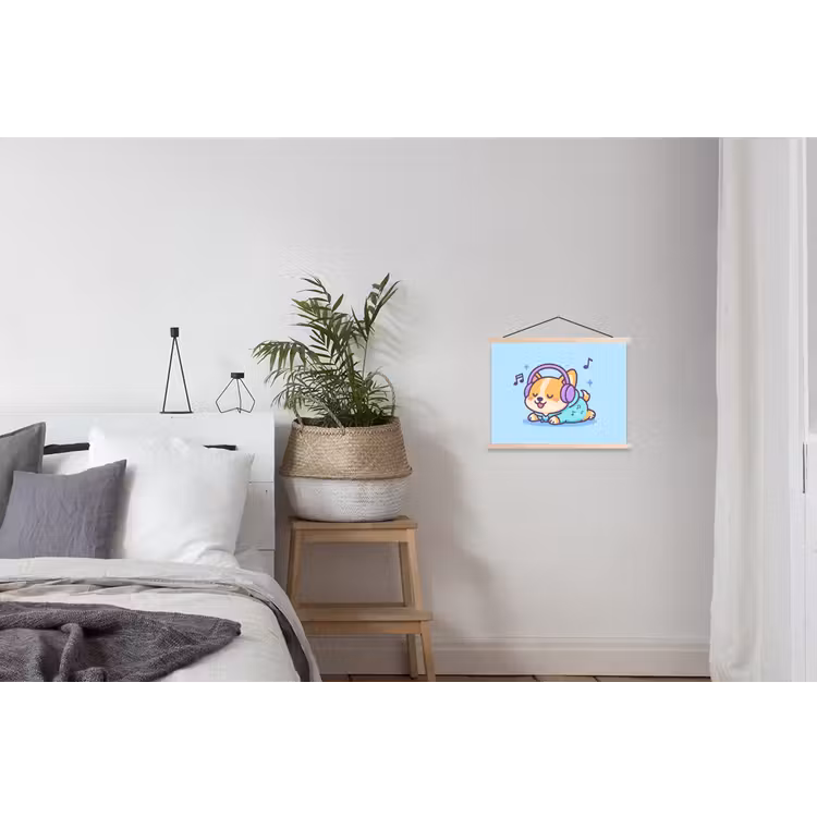 Corgi - Koptelefoon - Blauw - Muzieknoten textielposter latten blank klein -woonkamer