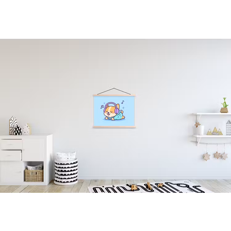 Corgi - Koptelefoon - Blauw - Muzieknoten textielposter latten blank klein -kinderkamer