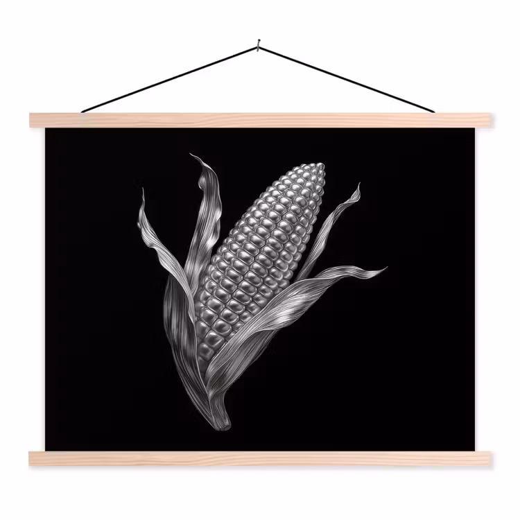 Maïskolf - Glanzend metaal - Elegant textielposter latten blank klein -3d