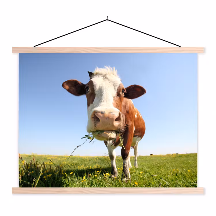 Koe - Dieren - Bloemen - Gras textielposter latten blank klein -3d
