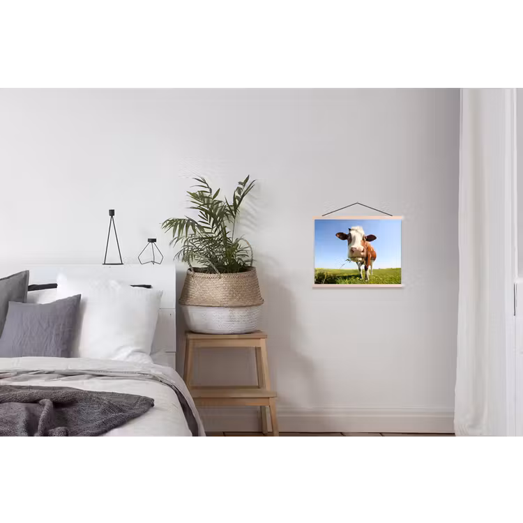 Koe - Dieren - Bloemen - Gras textielposter latten blank klein -woonkamer