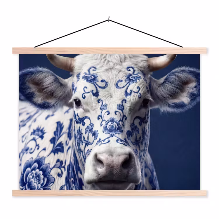 Koe - Delfts - Blauw - Artistiek textielposter latten blank klein -3d