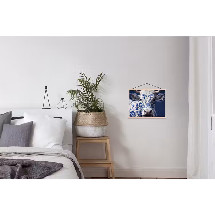Koe - Delfts - Blauw - Artistiek textielposter latten blank klein -woonkamer