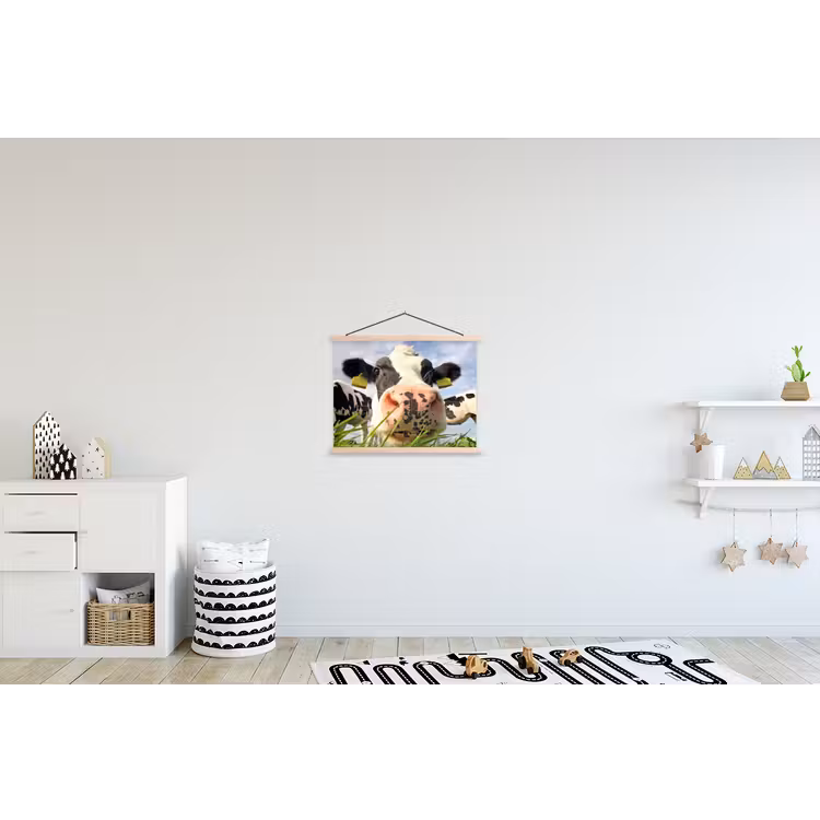 Koe - Boerderij - Gras - Dieren textielposter latten blank klein -kinderkamer