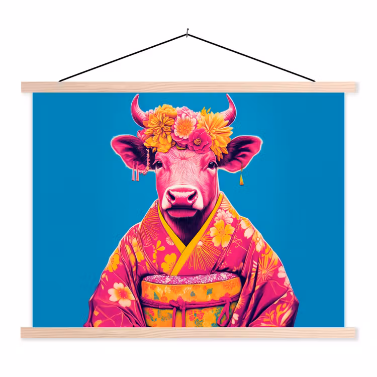 Koe - Bloemenkrans - Oorhangers - Kimono textielposter latten blank klein -3d
