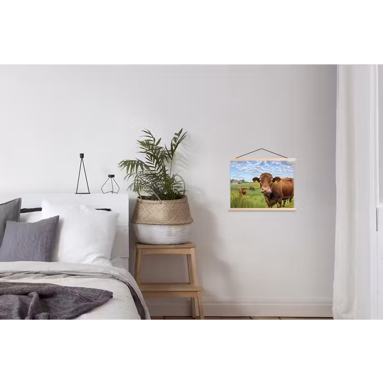 Koe - Weide - Bloemen textielposter latten blank klein -woonkamer
