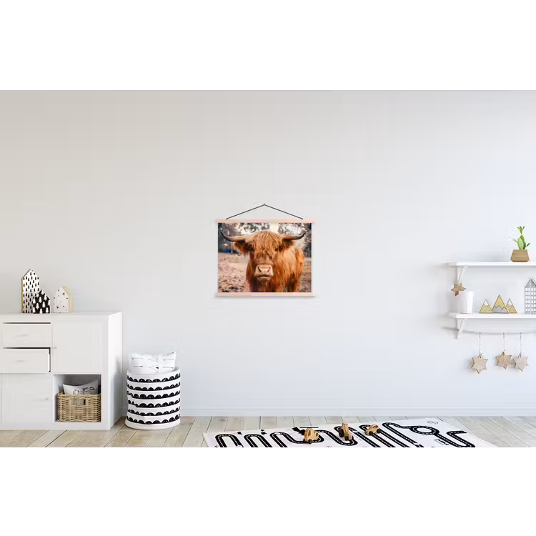 Koe- Schotse hooglander - Hoorns - Bruin - Landschap textielposter latten blank klein -kinderkamer