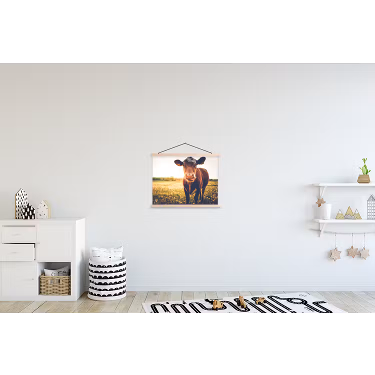 Koe - Zonsondergang - Bloemen - Gras - Dieren textielposter latten blank klein -kinderkamer