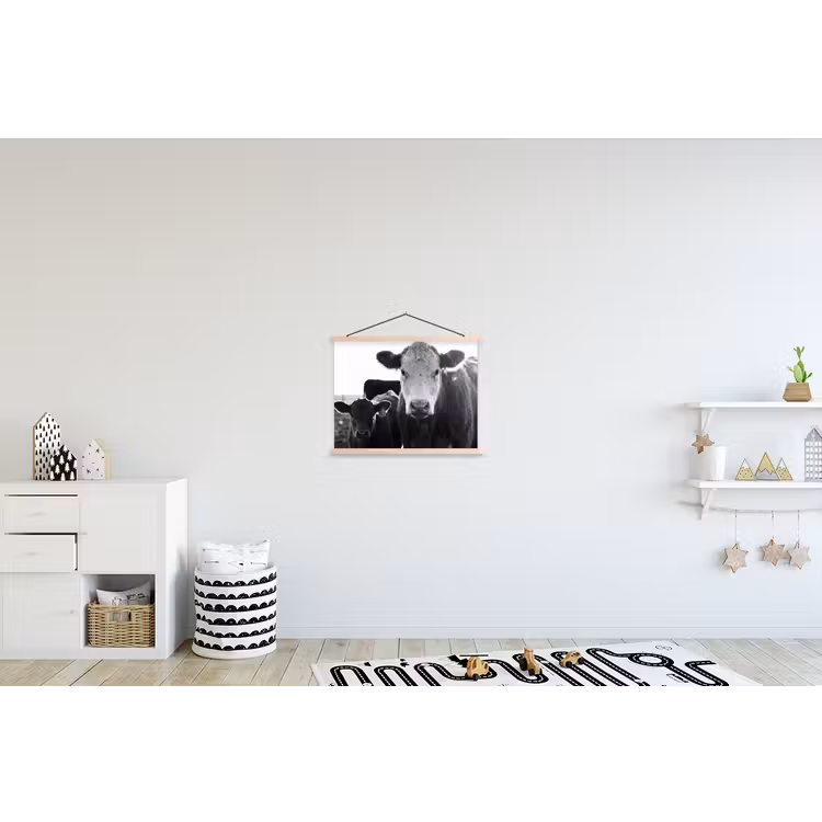 Koeien - Zwart - Wit textielposter latten blank klein -kinderkamer