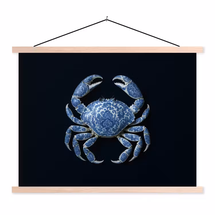 Krab - Delfts blauw - Dieren textielposter latten blank klein -3d
