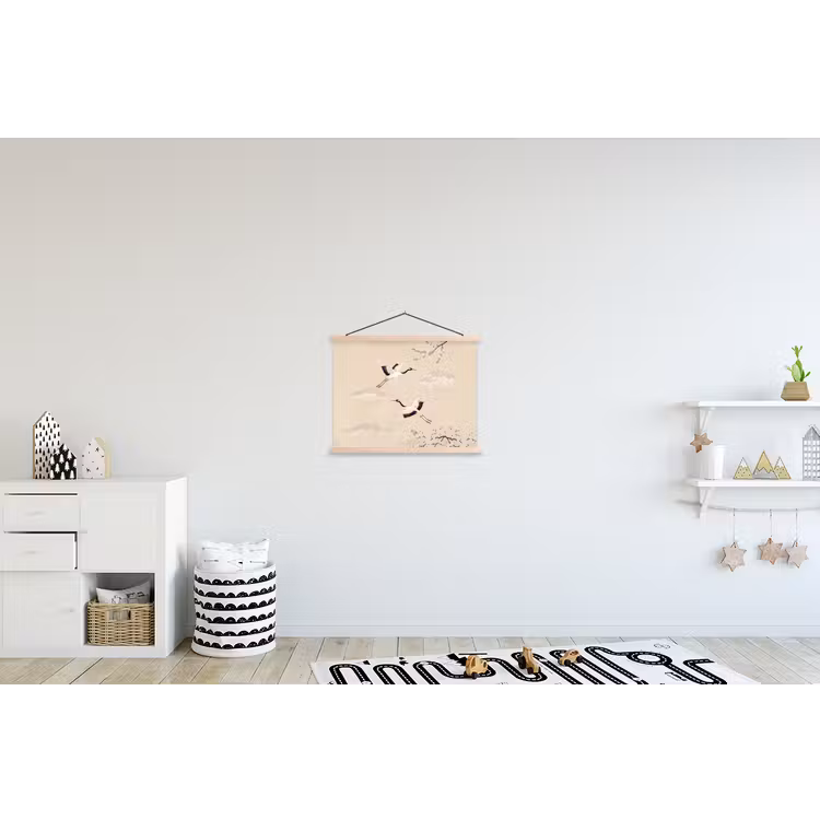 Kraanvogels - Bloesem - Beige textielposter latten blank klein -kinderkamer