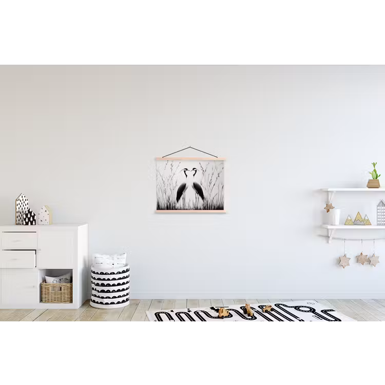 Kraanvogels - Gras - Hartvorm - Zwart textielposter latten blank klein -kinderkamer