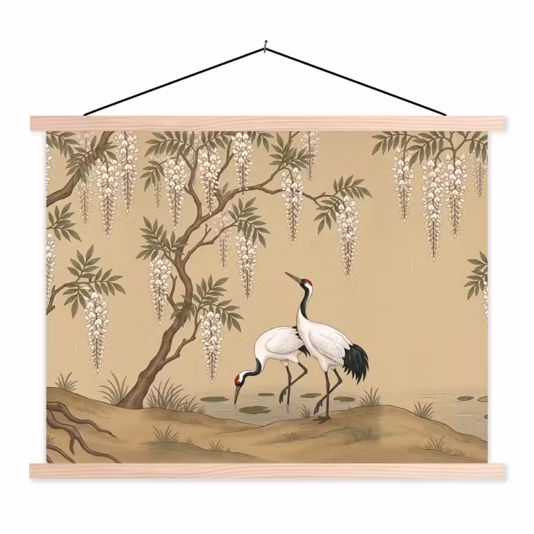 Kraanvogels - Water - Beige textielposter latten blank klein -3d