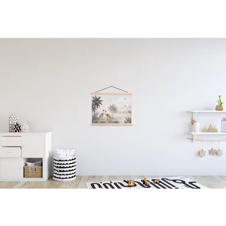 Kraanvogels - Palmbomen - Tropisch textielposter latten blank klein -kinderkamer