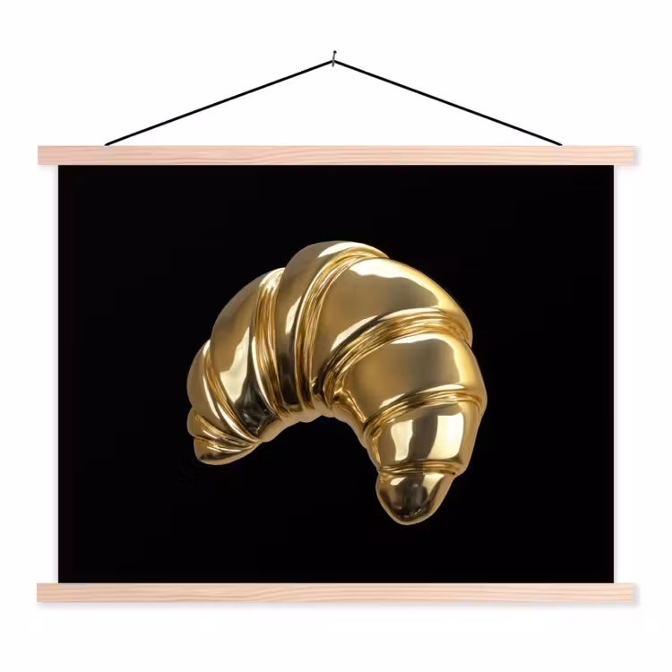 Croissant - Brood - Goud - Zwart textielposter latten blank klein -3d