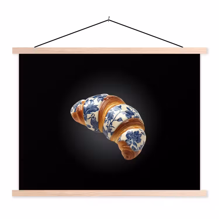 Croissant - Bloemenpatroon - Delftsblauw textielposter latten blank klein -3d