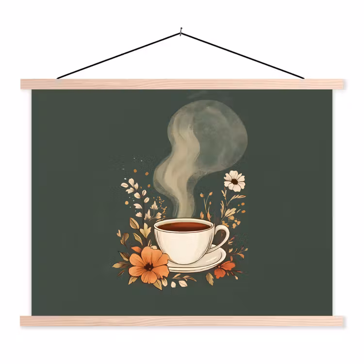 Kop - Bloemen - Groen - Koffie textielposter latten blank klein -3d