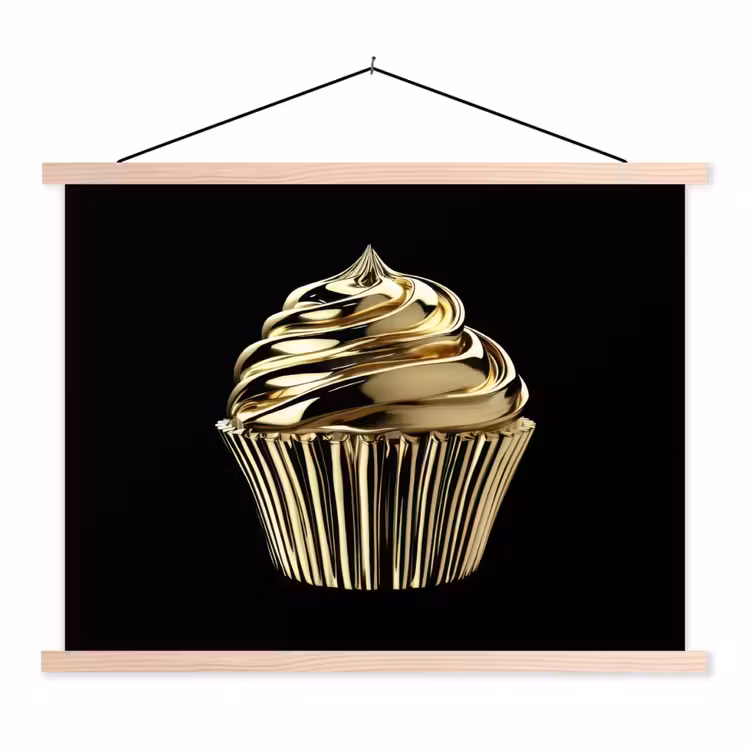 Cupcake - Eten - Goud - Zwart textielposter latten blank klein -3d
