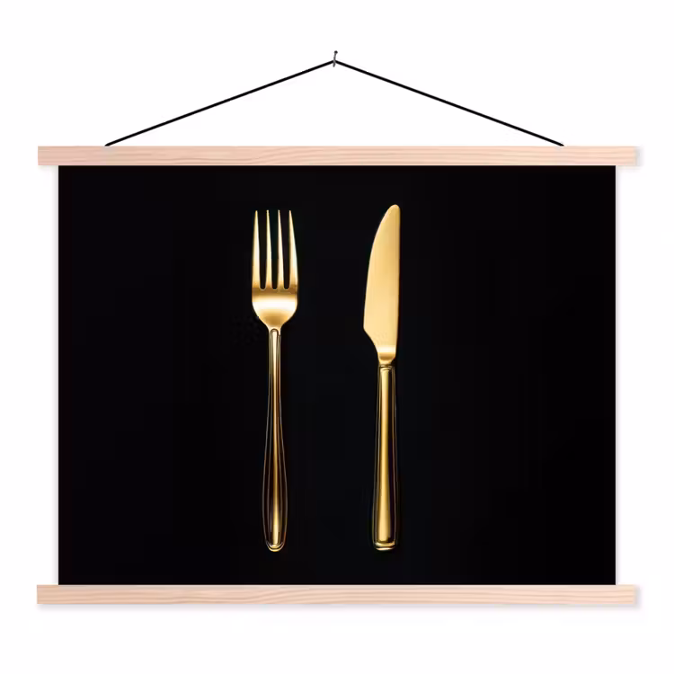 Bestek - Goud - Mes - Vork textielposter latten blank klein -3d