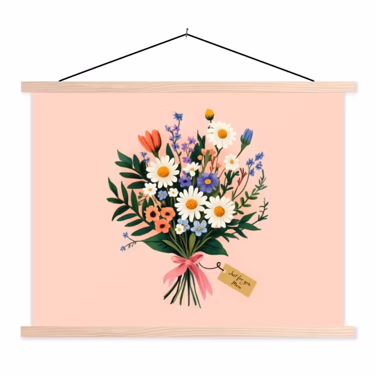 Margrieten - Boeket - Strikje - Roze textielposter latten blank klein -3d