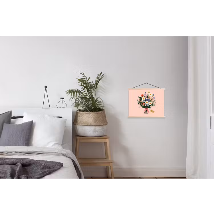 Margrieten - Boeket - Strikje - Roze textielposter latten blank klein -woonkamer