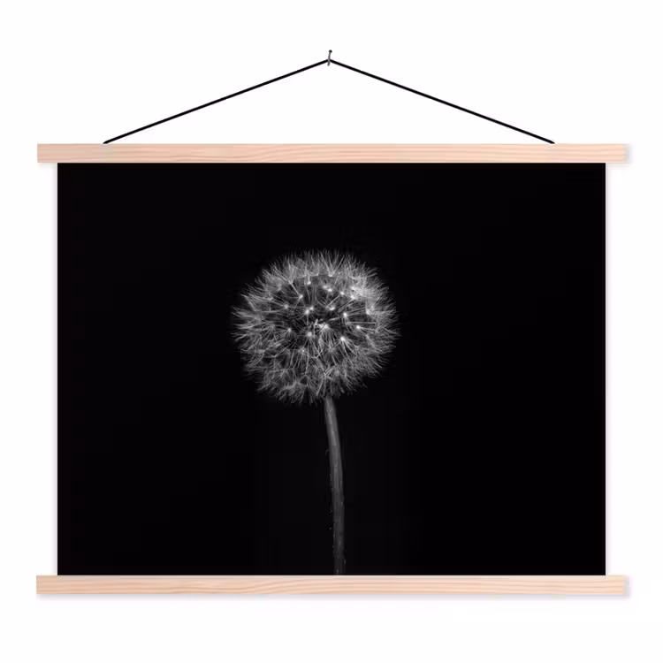 Paardenbloem - Zwart - Bloemen - Botanisch textielposter latten blank klein -3d