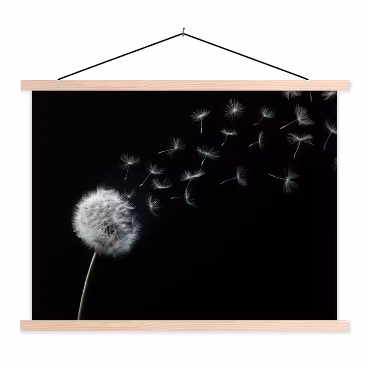 Paardenbloem - Zwart - Natuur textielposter latten blank klein -3d