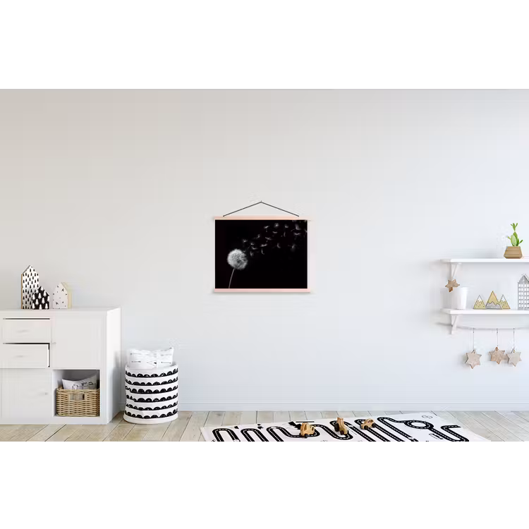 Paardenbloem - Zwart - Natuur textielposter latten blank klein -kinderkamer
