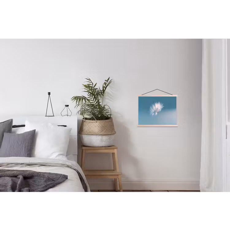 Paardenbloempluisje - Blauw - Lucht textielposter latten blank klein -woonkamer