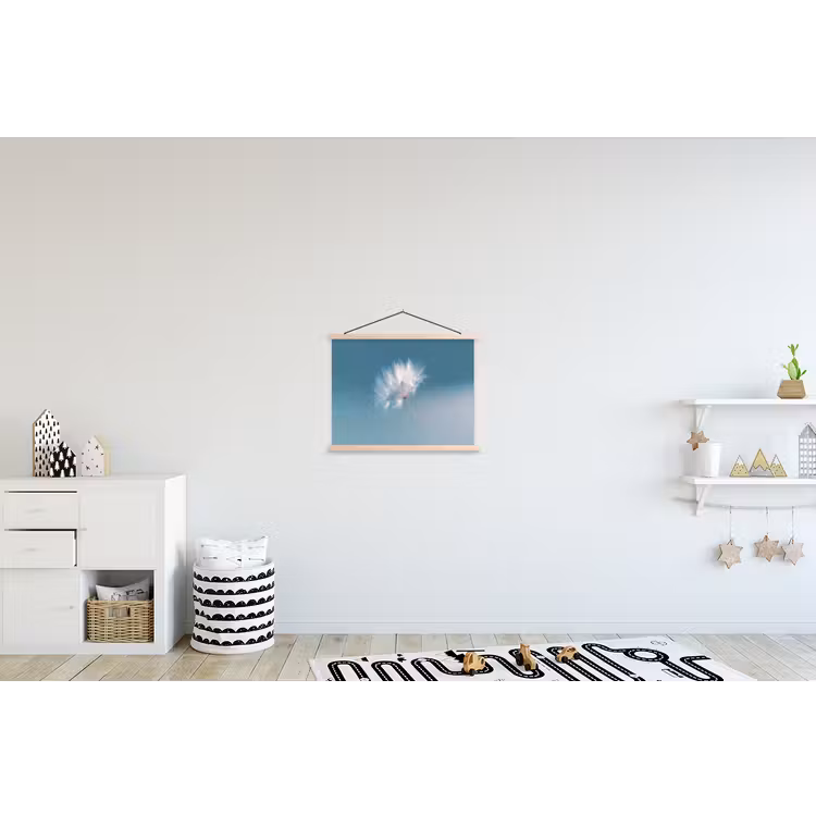 Paardenbloempluisje - Blauw - Lucht textielposter latten blank klein -kinderkamer