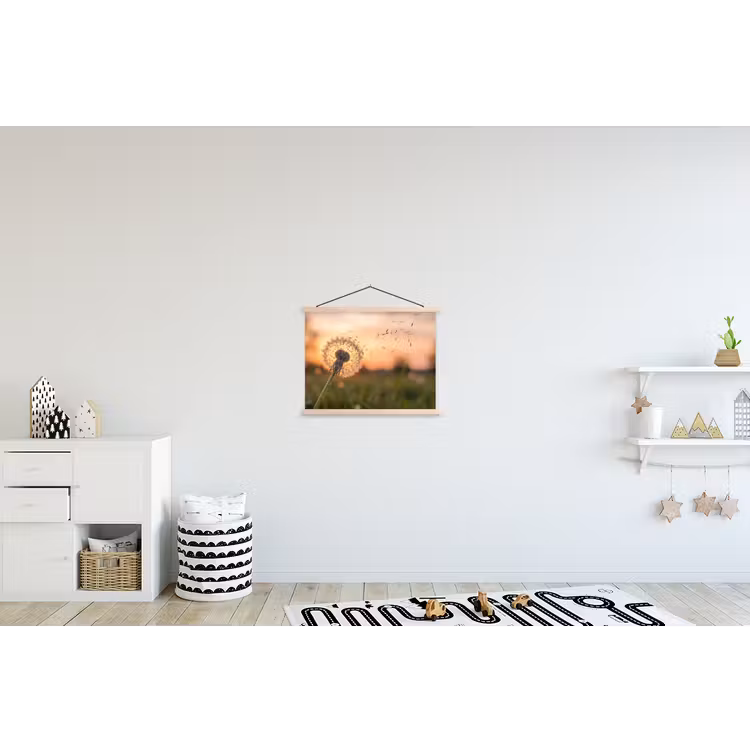 Paardenbloem - Zonsondergang - Veld textielposter latten blank klein -kinderkamer