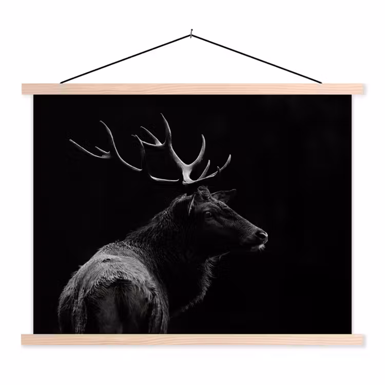 Hert - Zwart - Portret - Gewei - Dieren textielposter latten blank klein -3d