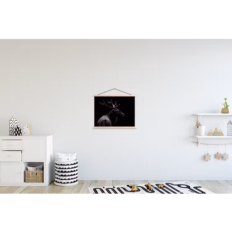 Hert - Zwart - Portret - Gewei - Dieren textielposter latten blank klein -kinderkamer