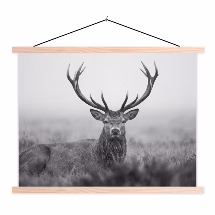 Hert - Mistig - Zwart - Wit textielposter latten blank klein -3d