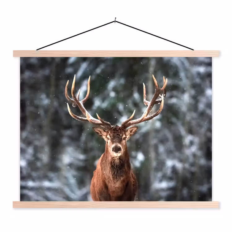 Hert - Winter - Sneeuw - Bos - Natuur - Dier textielposter latten blank klein -3d